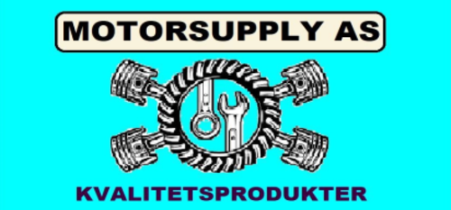 Dagens logo: MOTORSUPPLY AS i ramme over et tannhjul med skiftenøkler og fire stempler i kryss, på cyan bakgrunn